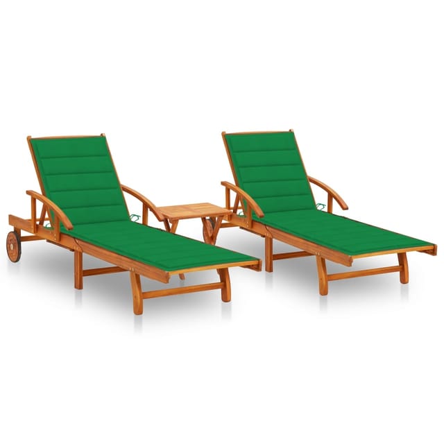 vidaXL Sonnenliegen 2 Stk. mit Tisch und Auflagen Massivholz Akazie Polster-Farbe Grün