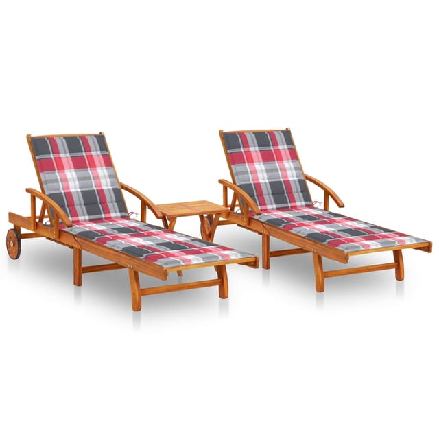 vidaXL Sonnenliegen 2 Stk. mit Tisch und Auflagen 199 x 67 x 30/51/62/77/85 cm Massivholz Akazie
