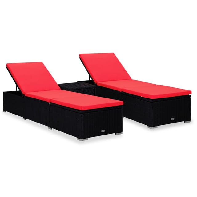 vidaXL 3-tlg. Garten-Sonnenliegen mit Teetisch Poly Rattan Schwarz Rot