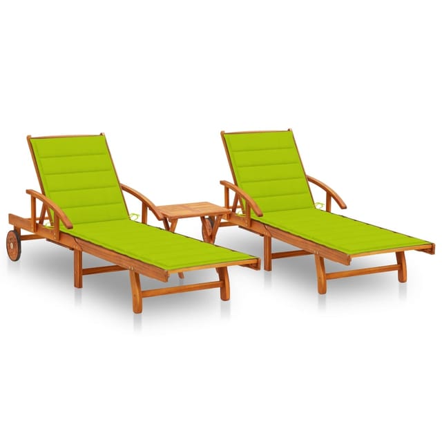 vidaXL Sonnenliegen 2 Stk. mit Tisch und Auflagen Massivholz Akazie Kissenfarbe HellGrün