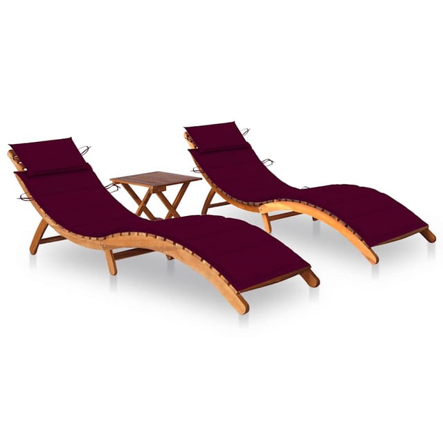 vidaXL Sonnenliegen 2 Stk. mit Tisch und Auflagen Kissenfarbe Weinrot Massivholz Akazie