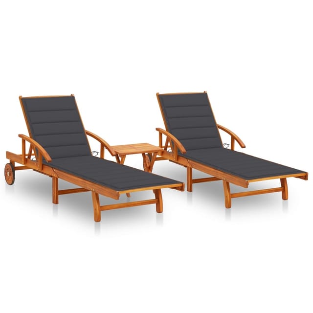 vidaXL Sonnenliegen 2 Stk. mit Tisch und Auflagen Massivholz Akazie Kissen-Farbe Anthrazit