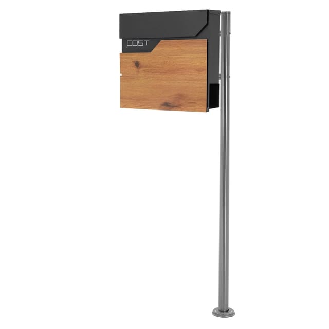 ML-Design Standbriefkasten Anthrazit-Holzoptik mit Zeitungsfach Pfosten Silber