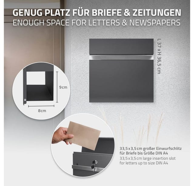 ECD Germany Briefkasten mit Zeitungsfach 37x11x36,5 cm aus Stahl Anthrazit-Grau