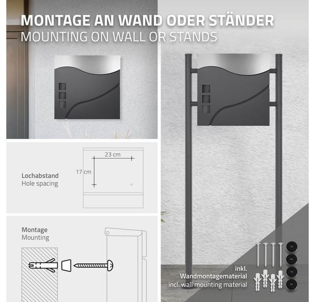 ECD Germany Design Briefkasten 37x10,5x36,5cm mit Zeitungsfach Anthrazit/Silber