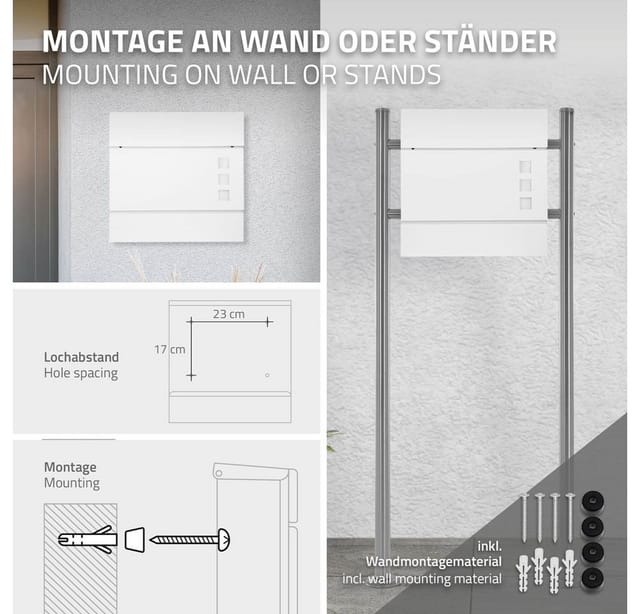 ECD Germany Briefkasten mit Zeitungsfach 37x10,5x36,5 cm in Weiß aus Stahl