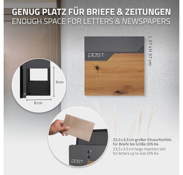 ML-Design Briefkasten Anthrazit-Holzoptik 37x37cm mit Zeitungsfach Abschließbar