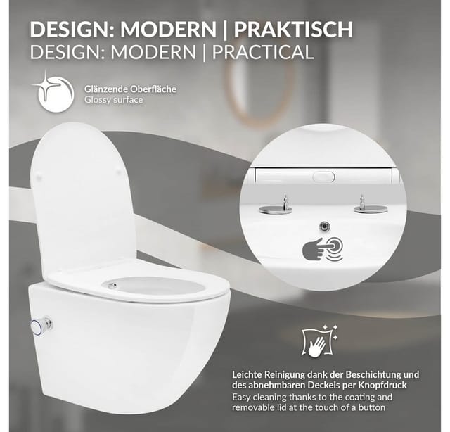 ECD Germany Spülrandloses Hänge Dusch WC Kurz Keramik Bidet-Funktion mit Sitz