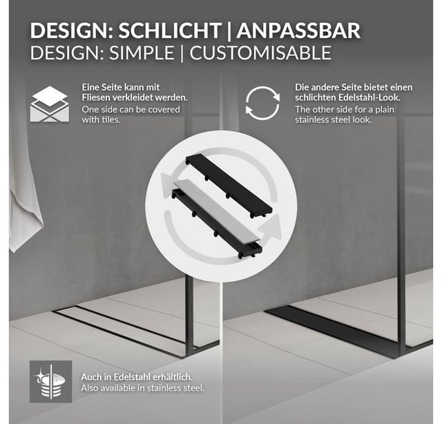 LuxeBath Duschrinne 50 cm 2in1 Befliesbar Extra Flach Schwarz Doppelseitige
