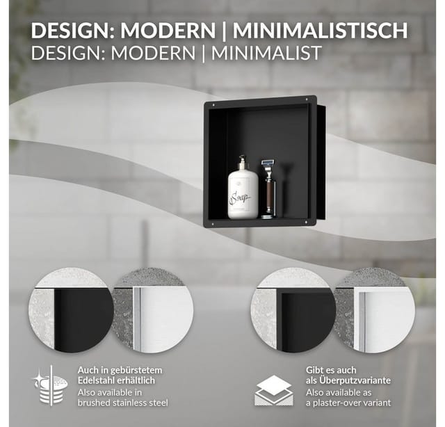 LuxeBath Wandnische aus Edelstahl 30x30x10 cm Schwarz Duschnische Einbauregal