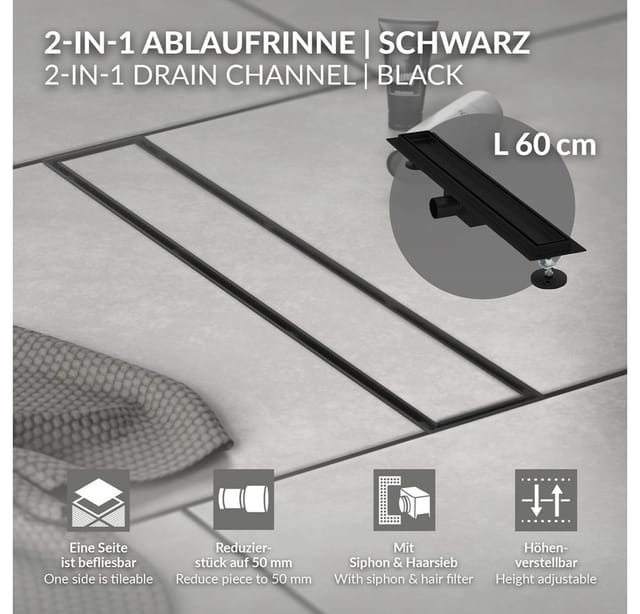 LuxeBath Duschrinne 60 cm 2in1 Befliesbar Extra Flach Edelstahl Schwarz