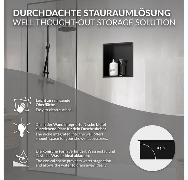LuxeBath Wandnische aus Edelstahl 30x30x10 cm Schwarz Duschnische mit Rahmen
