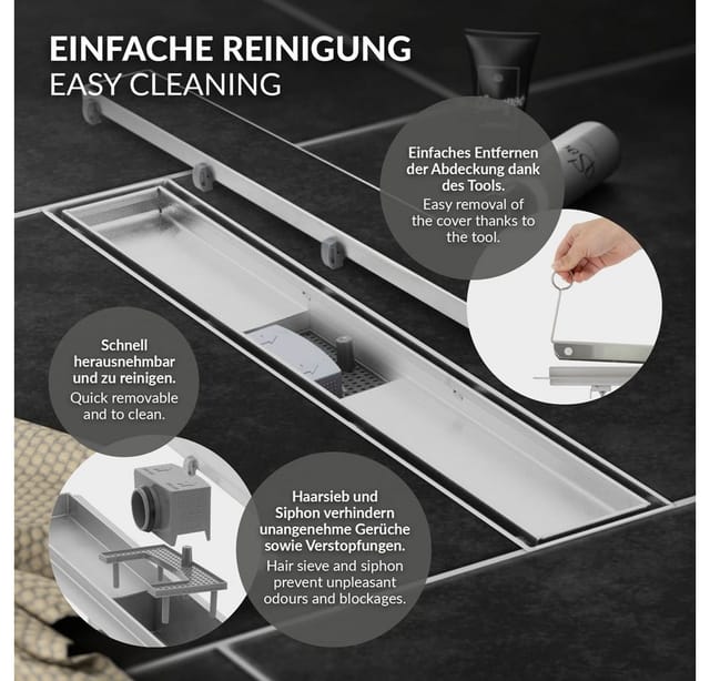 LuxeBath Duschrinne 50 cm 2in1 Befliesbar Extra Flach Silber Doppelseitige