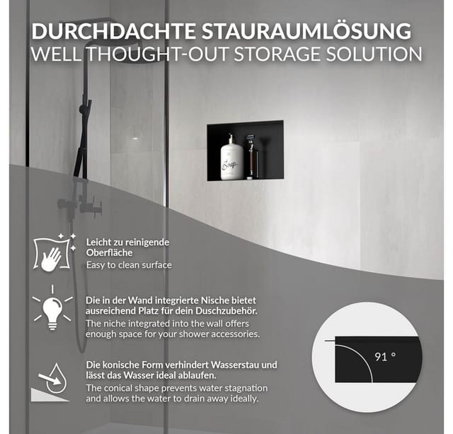 LuxeBath Wandnische Edelstahl 20x30x10cm Schwarz Duschnische Randlos Einbauregal