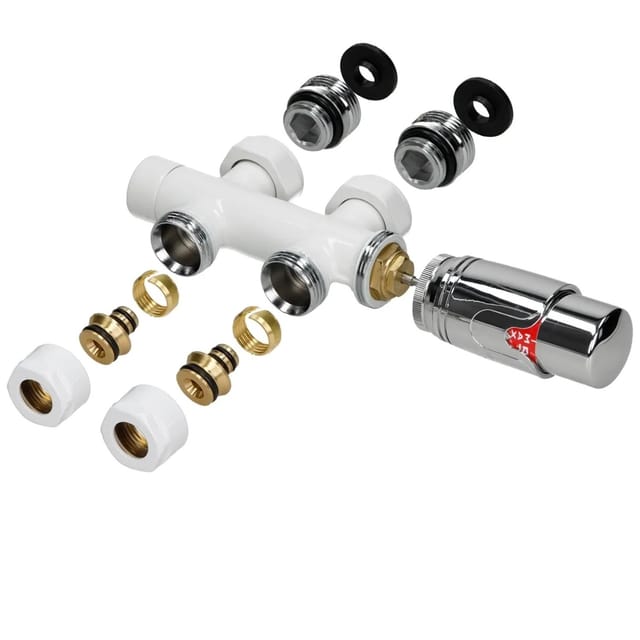 LuxeBath Ventil-Armaturen Set Multiblock Weiß Durchgangsform mit Thermostatkopf