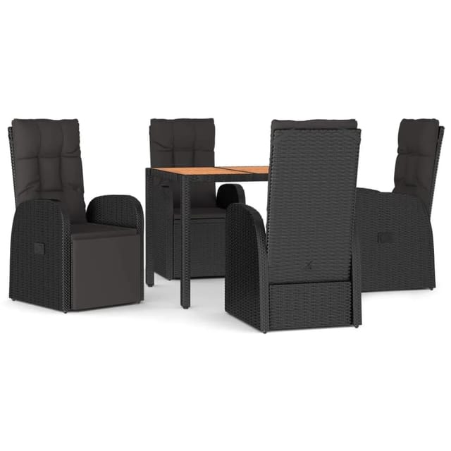 vidaXL 5-tlg. Garten-Essgruppe mit Kissen Schwarz Poly Rattan pulverbeschichteter Stahl