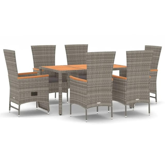 vidaXL 7-tlg. pulverbeschichteter Stahl Garten-Essgruppe mit Kissen Grau Poly Rattan