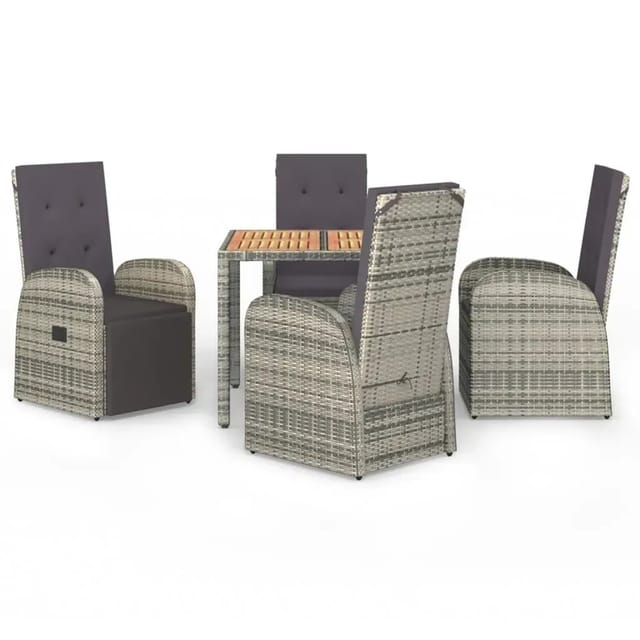 vidaXL 5-tlg. Garten-Essgruppe pulverbeschichteter Stahl mit Kissen Grau Poly Rattan