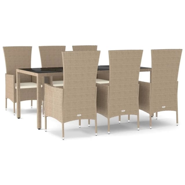 vidaXL 7-tlg. Garten-Essgruppe mit Kissen Beige Poly Rattan Cremeweiß