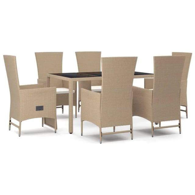 vidaXL 7-tlg. Garten-Essgruppe Cremeweiß mit Kissen Beige Poly Rattan