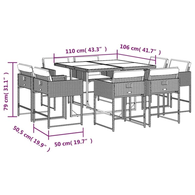 vidaXL 9-tlg. Garten-Essgruppe mit Kissen Schwarz Poly Rattan