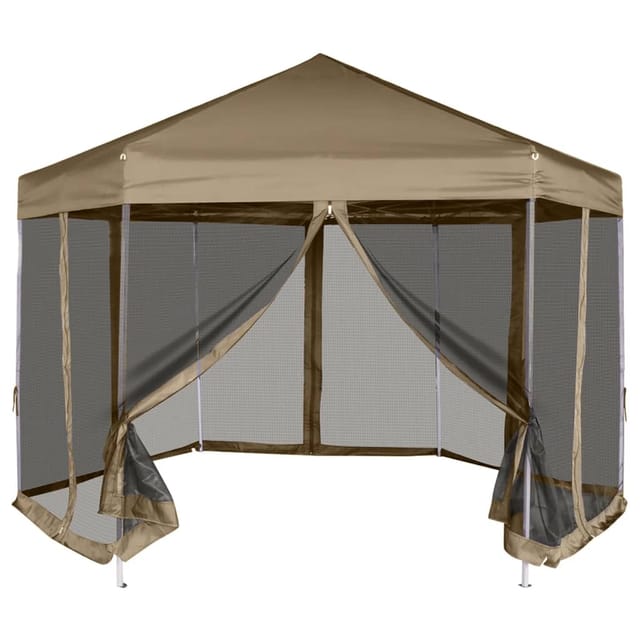 vidaXL Faltpavillon mit Seitenwänden Sechseckig 3,6x3,1m Taupe 220g/m2