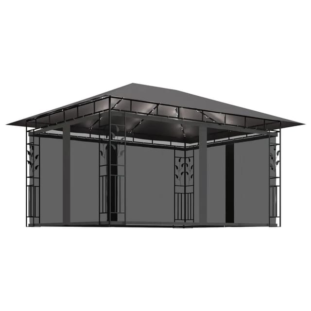 vidaXL Pavillon mit Moskitonetz & LED-Lichterkette 4x3x2,73m Anthrazit
