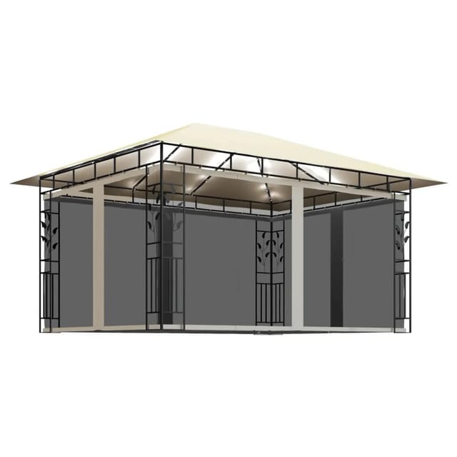 vidaXL Pavillon mit Moskitonetz & LED-Lichterkette 4x3x2,73m CremeWeiß