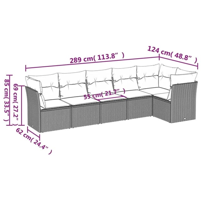 vidaXL 6-tlg Garten-Sofagarnitur mit Kissen Grau Poly Rattan Modell 52