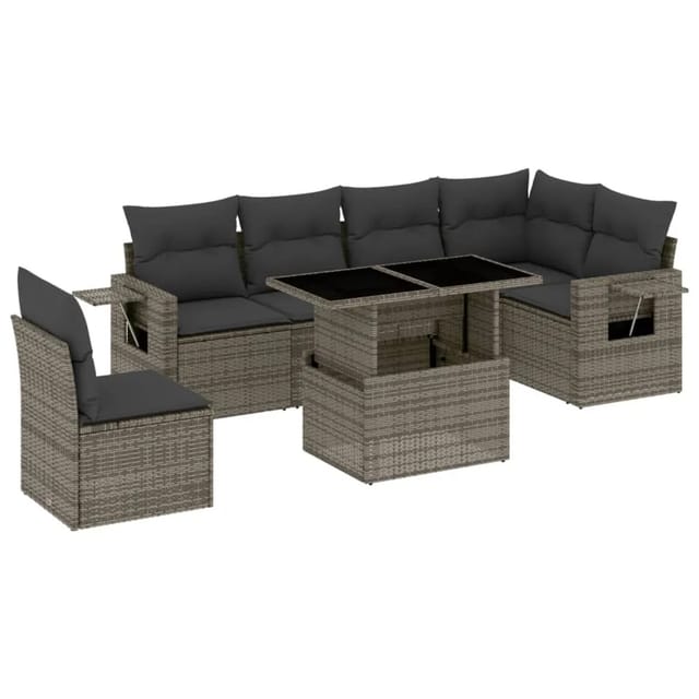 vidaXL 7-tlg Garten-Sofagarnitur mit Kissen Grau Poly Rattan Modell 165