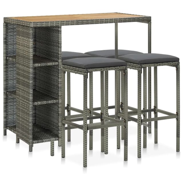 vidaXL 5-tlg Gartenbar-Set mit Kissen Poly Rattan Grau Modell 15