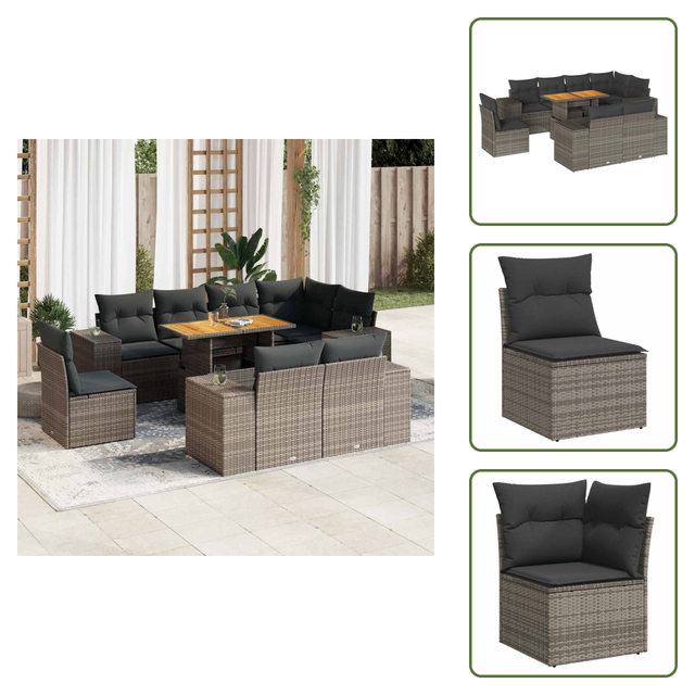 Vidaxl 9-tlg. Garten-sofagarnitur Mit Kissen Grau Poly Rattan