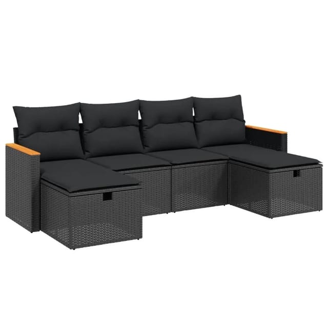vidaXL 6-tlg. Garten-Sofagarnitur mit Kissen Schwarz Poly Rattan