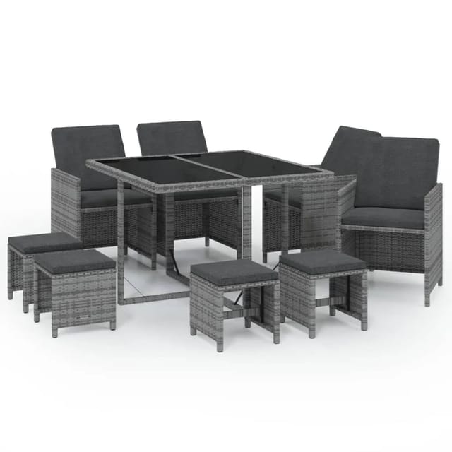 vidaXL 9-tlg Garten-Essgruppe mit Auflagen Poly Rattan Grau Modell 11