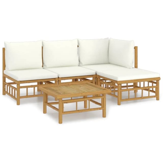vidaXL 5-tlg Garten-Lounge-Set mit CremeWeißen Kissen Bambus Modell 7