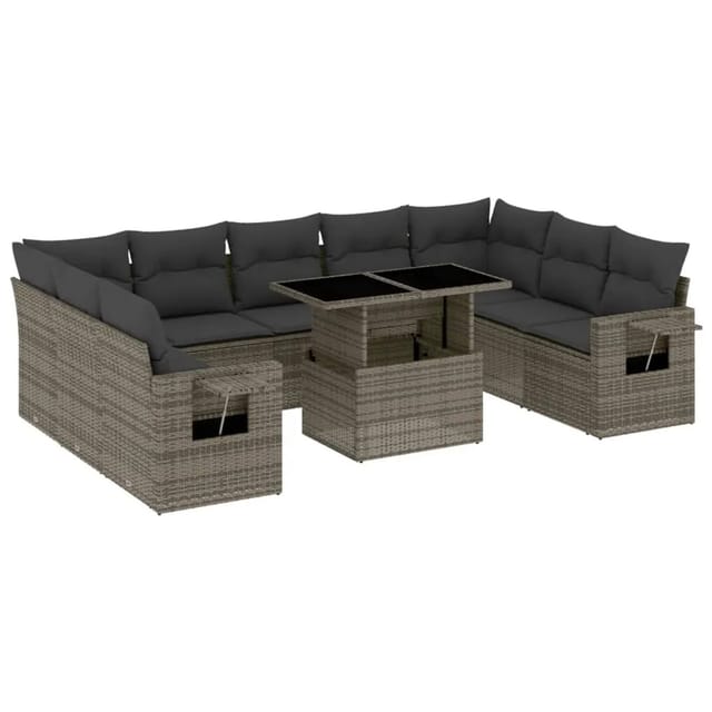 vidaXL 10-tlg Garten-Sofagarnitur mit Kissen Grau Poly Rattan Modell 107