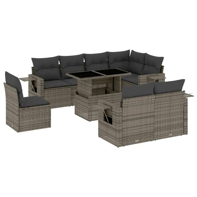 vidaXL 9-tlg Garten-Sofagarnitur mit Kissen Grau Poly Rattan Modell 123