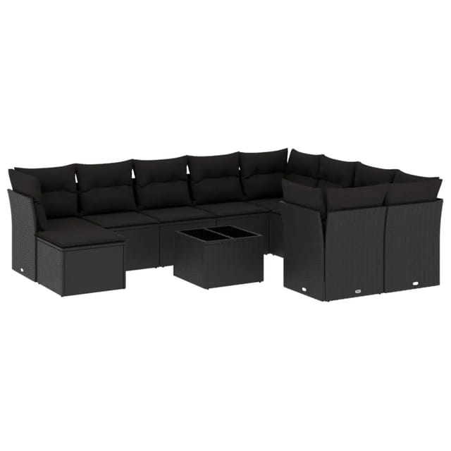 vidaXL 11-tlg Garten-Sofagarnitur mit Kissen Schwarz Poly Rattan Modell 25