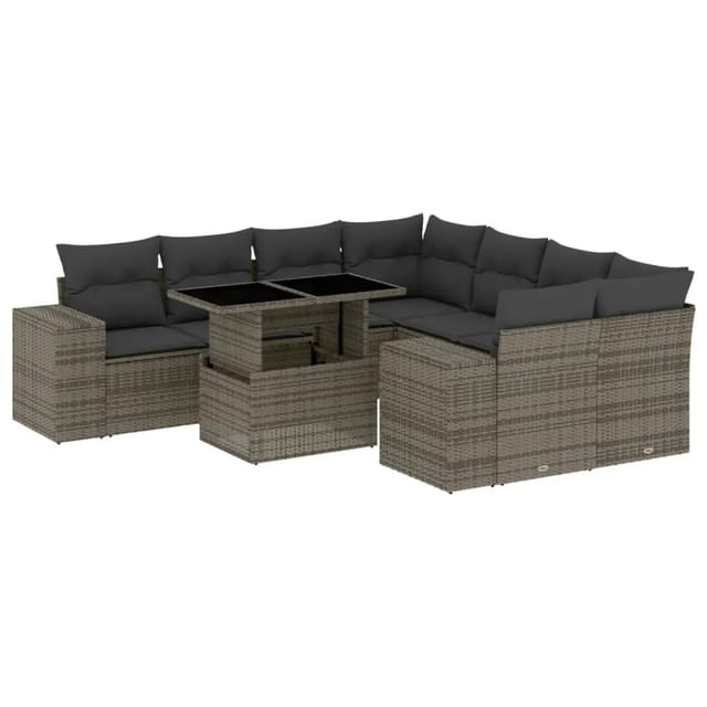 vidaXL 9-tlg Garten-Sofagarnitur mit Kissen Grau Poly Rattan Modell 132