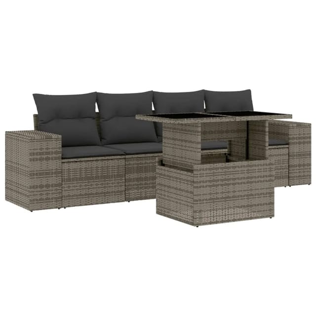vidaXL 5-tlg Garten-Sofagarnitur mit Kissen Grau Poly Rattan Modell 89
