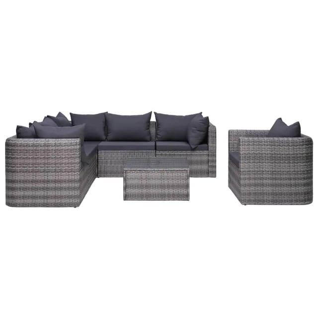 vidaXL 7-tlg Garten-Sofagarnitur mit Polster&Kissen Poly Rattan Grau