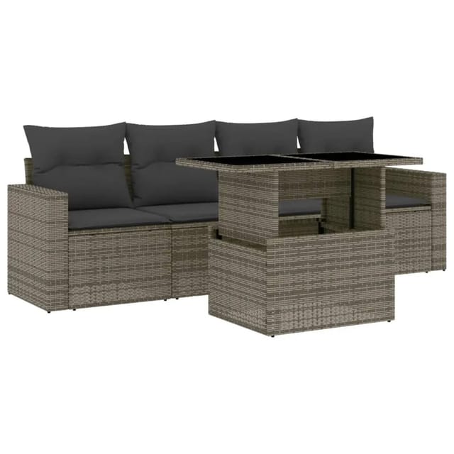 vidaXL 5-tlg Garten-Sofagarnitur mit Kissen Grau Poly Rattan Modell 84