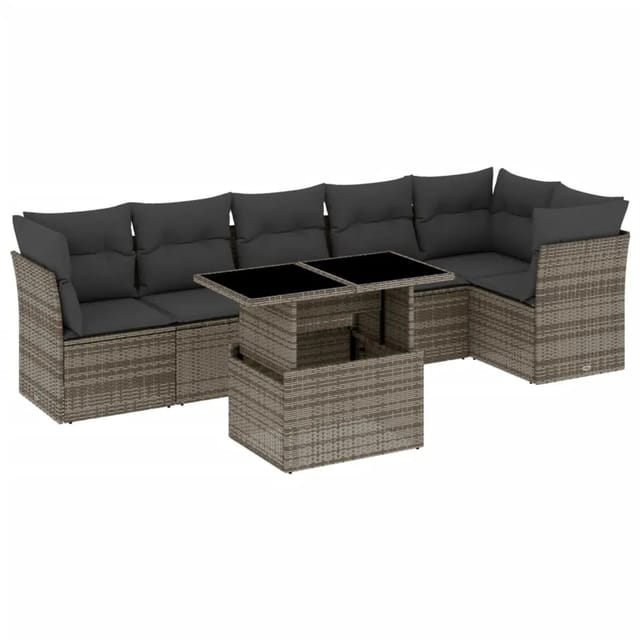 vidaXL 7-tlg Garten-Sofagarnitur mit Kissen Grau Poly Rattan Modell 160