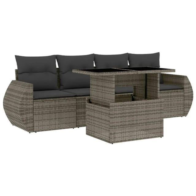 vidaXL 5-tlg Garten-Sofagarnitur mit Kissen Grau Poly Rattan Modell 92