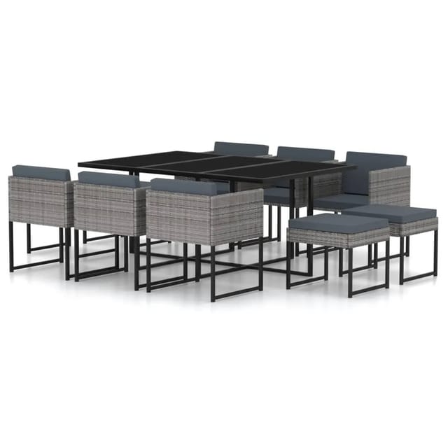 vidaXL 11-tlg Garten-Essgruppe mit Kissen Poly Rattan Grau Modell 1