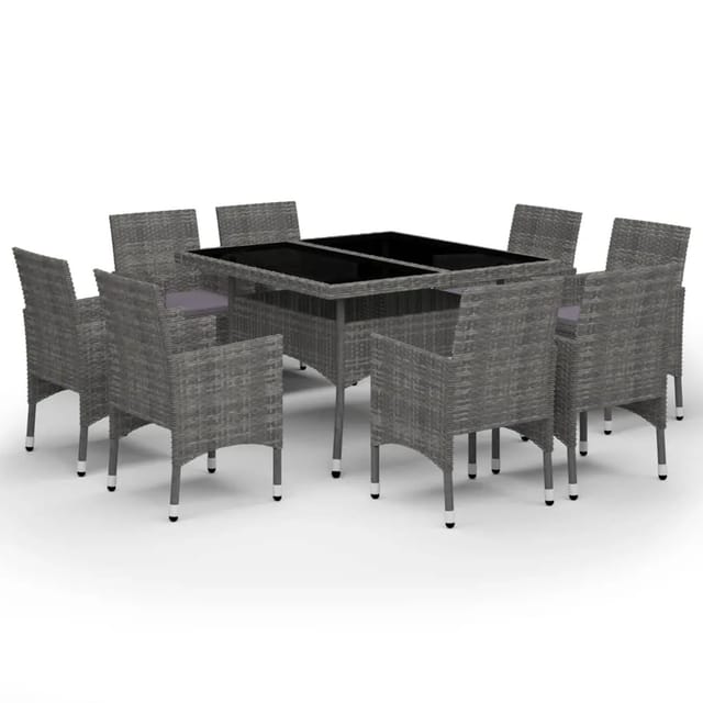 vidaXL 9-tlg Garten-Essgruppe Poly Rattan und Glas Grau Modell 1