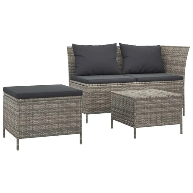 vidaXL 3-tlg Garten-Lounge-Set mit Kissen Grau Poly Rattan Modell 4