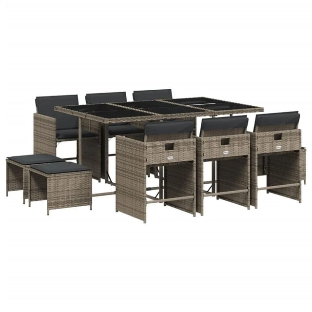 vidaXL 11-tlg Garten-Essgruppe mit Kissen Grau Poly Rattan Modell 48