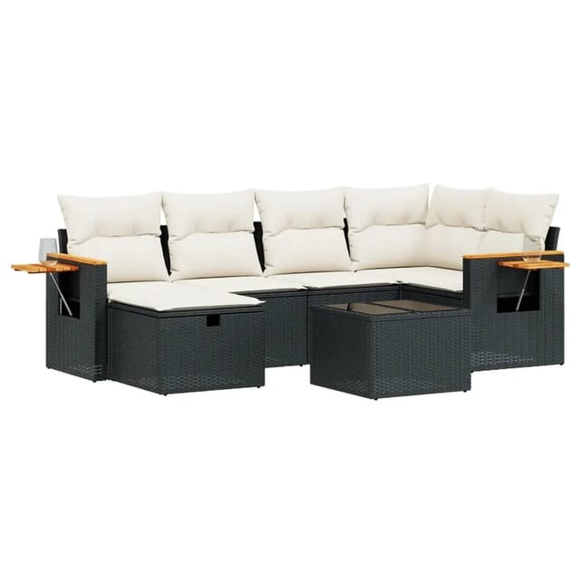 vidaXL 7-tlg Garten-Sofagarnitur mit Kissen Schwarz Poly Rattan Modell 209