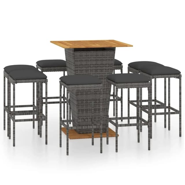 vidaXL 9-tlg Gartenbar-Set mit Kissen Poly Rattan Grau Modell 3